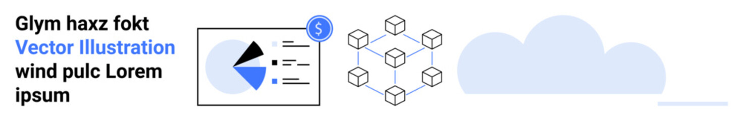Chart with pie graph, blockchain network representation, cloud element. Ideal for data analytics, blockchain, cloud tech, finance, innovation, connectivity simple landing page