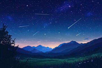 Wall Mural - Night sky over a mountain landscape.  Shooting stars streak across the dark blue night sky.  Silhouette mountains and valleys, with a field of green grass at the foreground