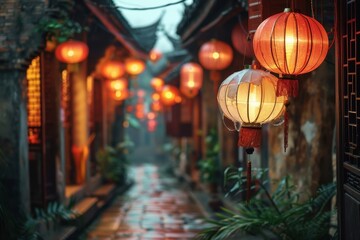 Aufkleber - Serene lantern-lit alleyway illuminating the charm of an ancient town during twilight