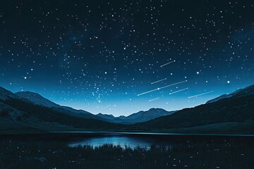 Wall Mural - Starry night over a serene lake. Majestic mountain range silhouettes against a night sky filled with twinkling stars and meteors