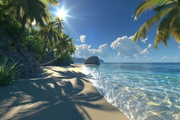 Poster - Pristine tropical beach with peaceful waves and swaying palm trees under a bright blue sky and warm sunshine