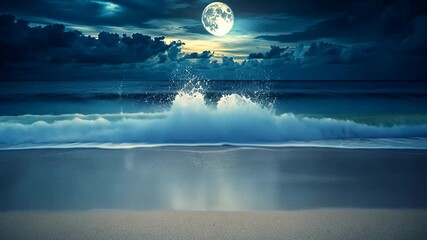 Wall Mural - Moonlit waves roll gently onto the shore under a dramatic night sky filled with clouds