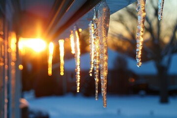 Poster - Icicles hang from a roof as sunlight breaks through a winter morning, illuminating the snowy landscape in a quiet suburban neighborhood
