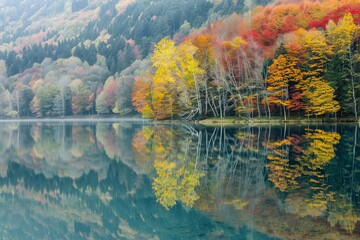 Aufkleber - Vibrant autumn landscape with colorful foliage reflected in calm water at a serene park setting in late afternoon