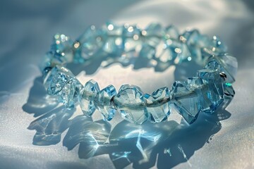 Poster - Beautiful transparent blue beads bracelet resting on sandy beach with gentle waves rolling in during sunset