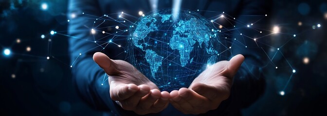 Fototapete - Human Hands Holding a Digital Globe Representing Global Connectivity and Data Flow : Generative AI