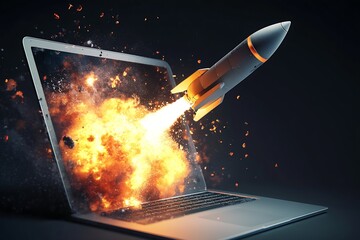 Poster - Dynamic Rocket Launching from Laptop Display with Explosive Flames and Energy Erupting : Generative AI