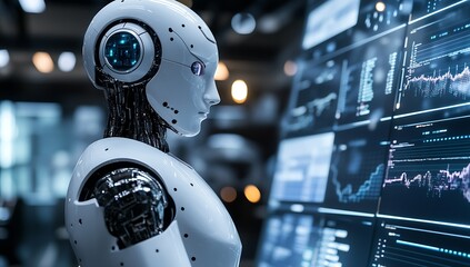 Aufkleber - Futuristic robot interacting with digital screens showcasing data and analytics in a modern environment : Generative AI