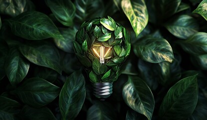 Leinwandbilder - Eco friendly light bulb with leaves creating a natural energy symbol in nature : Generative AI