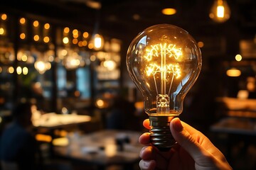 Fototapete - Brightly Illuminated Light Bulb Held In A Hand Against The Blur Of A Cozy Restaurant Atmosphere : Generative AI