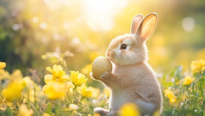 Poster - Sweet rabbit with a decorative Easter egg surrounded by cheerful flowers and soft sunlight in a meadow : Generative AI
