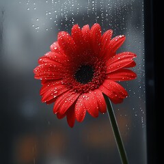 Poster - Beautiful red flower with rain droplets displayed in front of a softly blurred rainy window creating a tranquil ambiance : Generative AI