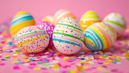 Poster - An assortment of beautifully painted Easter eggs with colorful stripes scattered on a pink backdrop adorned with confetti : Generative AI