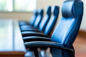Leinwandbilder - Stylish blue ergonomic office chairs arranged around a large table in a modern conference room with natural light : Generative AI