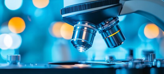 Leinwandbilder - Artistic shot of a scientific microscope with dramatic lighting and a vibrant blue background : Generative AI