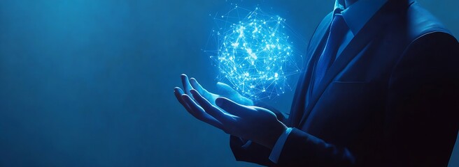 Poster - Stylish man in suit presenting a luminous digital sphere symbolizing technology advancements and future possibilities : Generative AI
