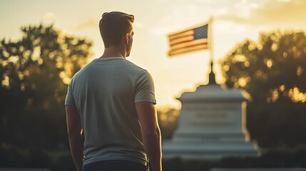 Poster - Contemplative man watching the American flag fluttering against a stunning sunset backdrop : Generative AI