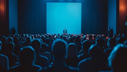 Poster - Engaging audience captivated by a speaker on stage in a blue-lit theater setting : Generative AI