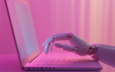 Poster - Stylish robotic finger hovering above laptop keyboard illuminated by soft pink light emphasizing future of technology : Generative AI