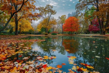Aufkleber - Vibrant autumn foliage reflecting in a serene pond surrounded by colorful trees during a calm morning in a park