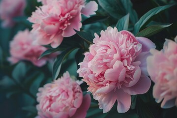 Aufkleber - Beautiful pink peonies bloom gracefully in a soft, pastel setting, showcasing their delicate petals and intricate details on a serene day