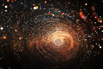 Poster - abstract cosmic swirl of light particles in deep space golden glowing galaxy background.