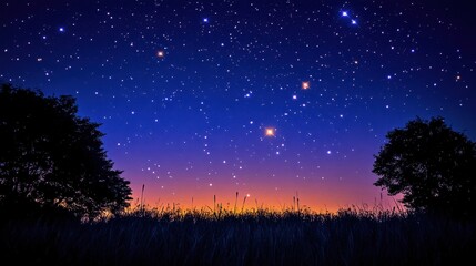 Wall Mural - Majestic Night Sky with Starry Constellations, Trees, and Glowing Horizon Landscape