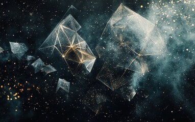 Poster - abstract geometric polygons in a sparkling starfield, modern 3d rendering.