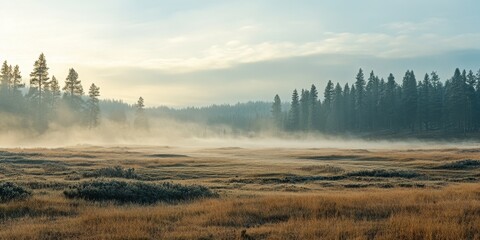  Misty morning scene features trees and field in nature