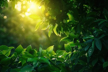 Poster - Sunlight filters through vibrant green leaves in a lush forest during midday, creating a tranquil and serene atmosphere ideal for relaxation and reflection