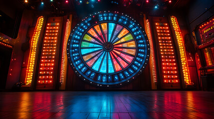 A colorful wheel of fortune on a stage with a blue and red background. The wheel is illuminated with vibrant lights, creating a lively atmosphere.