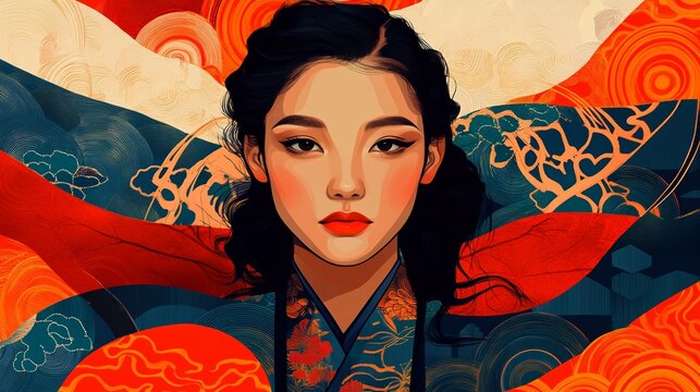 Woman portrait on geometric background in illsutration