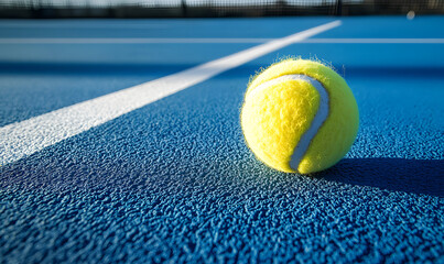 A single furry yellow tennis ball lies on a blue tennis court, near the white lines marking the court. Generative AI