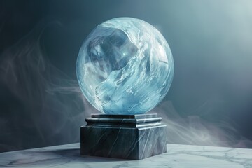 Aufkleber - Beautiful crystal globe resting on a polished marble base illuminated by soft light against a misty background creating an ethereal atmosphere