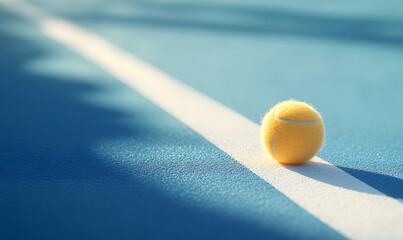 A single furry yellow tennis ball lies on a blue tennis court, near the white lines marking the court. Generative AI