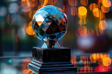 Aufkleber - Beautiful crystal globe resting on a polished marble base illuminated by soft light against a misty background creating an ethereal atmosphere