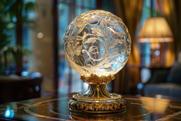 Aufkleber - Beautiful crystal globe resting on a polished marble base illuminated by soft light against a misty background creating an ethereal atmosphere