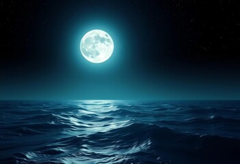 Wall Mural - dark ocean waves under a bright full moon and starlit sky, vast empty space, reflection, peaceful