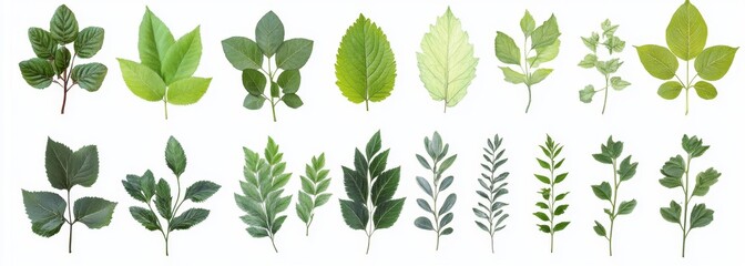 Variety of Green Leaves Showing Different Shapes, Sizes, and Textures Ideal for Natural Backgrounds, Illustrations, and Botanical Studies