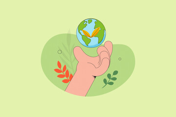 Aufkleber - Hand holding Earth Globe. Earth Day. The concept of sustainable development for business, ecology and environment protection. Flat vector illustration.