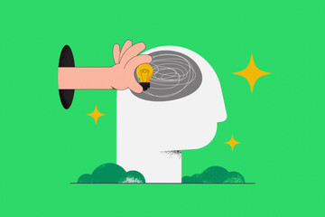 Poster - Human head silhouette and hand holding light bulb into the brain. Creative mind, brainstorm, idea concept. Flat Vector Illustration.
