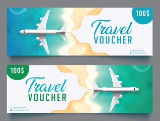 Wall Mural - travel voucher vector banner set. travel voucher collection text with airplane flight element for gi