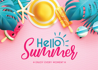 Fototapete - Summer vector background design. Hello summer greeting text with monstera leaves, popsicles and hat 3d elements for tropical hot season object decoration. Vector illustration.
