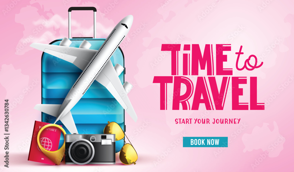 Travel time vector background design. Time to travel text with 3d ...