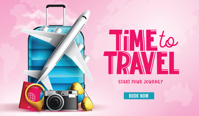 Wall Mural - travel time vector background design. time to travel text with 3d tourist elements of luggage bag, p