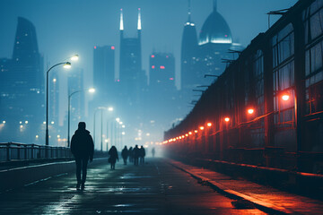 exhibits captivating allure of a city shrouded in ethereal haze under cloak of darkness, unveiling i
