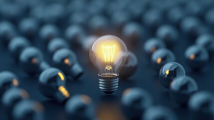 Poster - Single Light Bulb Illuminating Among Many Dark Bulbs in Background