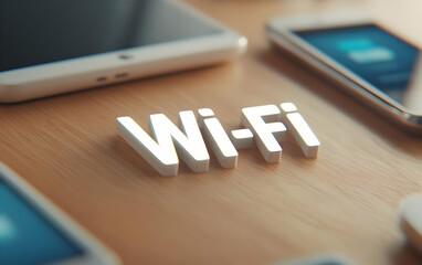 Poster - A close-up of the Wi-Fi symbol surrounded by modern smartphones on a wooden surface, symbolizing connectivity and innovation.