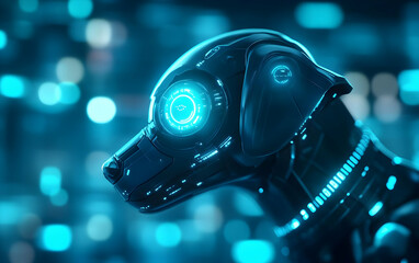 Poster - A futuristic robotic dog with glowing blue eyes, showcasing advanced technology in a cybernetic environment.