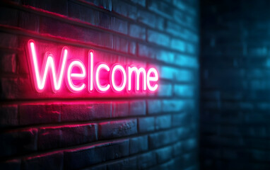 Poster - A neon 'Welcome' sign glowing against a textured brick wall, creating an inviting atmosphere for visitors and guests.